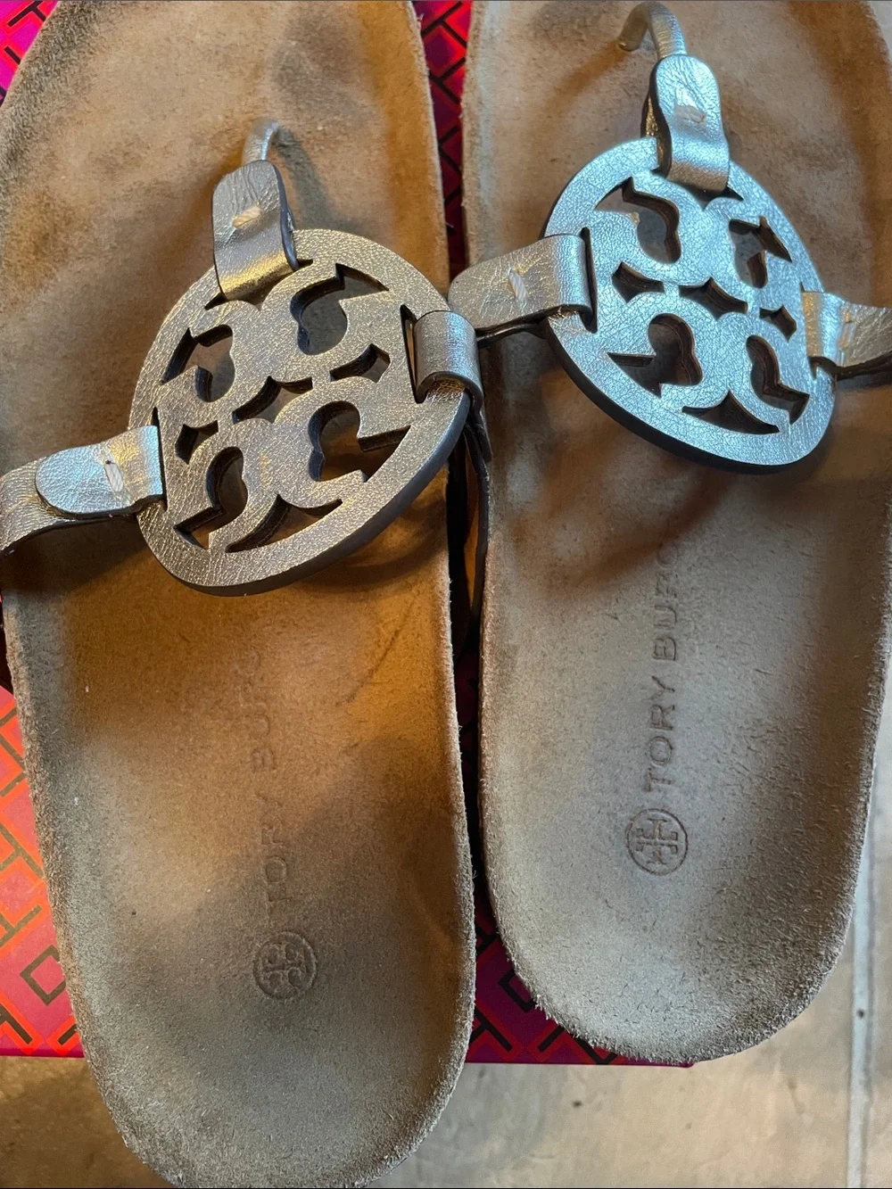 Tory Burch Brown Footbed Sandal with Silver Logo Medallion